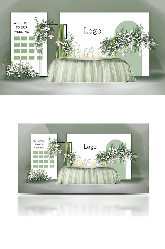 简约白绿色系婚礼效果图迎宾清新签到区-众图网