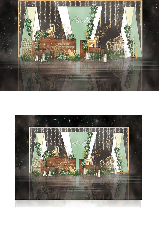 可爱猫咪油画白绿色婚礼效果图浪漫背景板-众图网