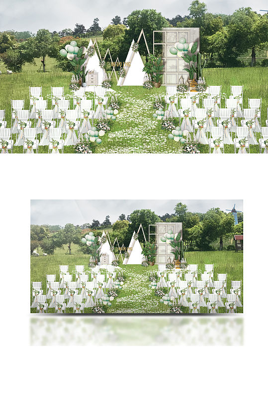 户外白色婚礼效果图浪漫温馨清新白绿色-众图网