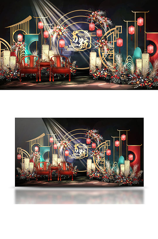 新中式撞色婚礼效果图迎宾合影背景板-众图网