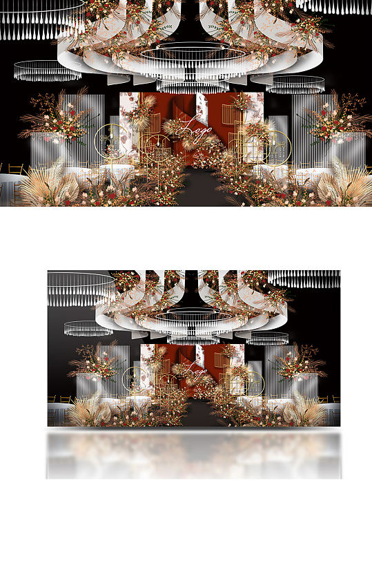 红白小众质感柔美婚礼效果图大气舞台浪漫-众图网