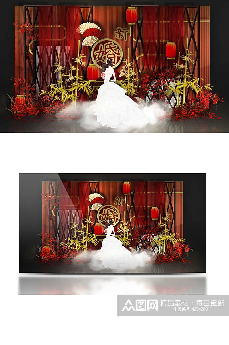 中式婚礼留影区效果图迎宾背景板大气红色素材