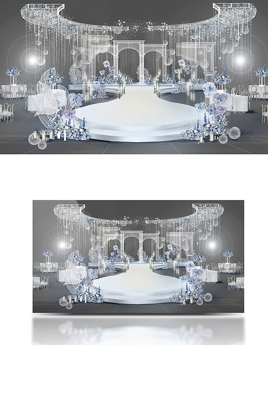 简洁时尚大气婚礼效果图梦幻蓝白色圆形舞台-众图网