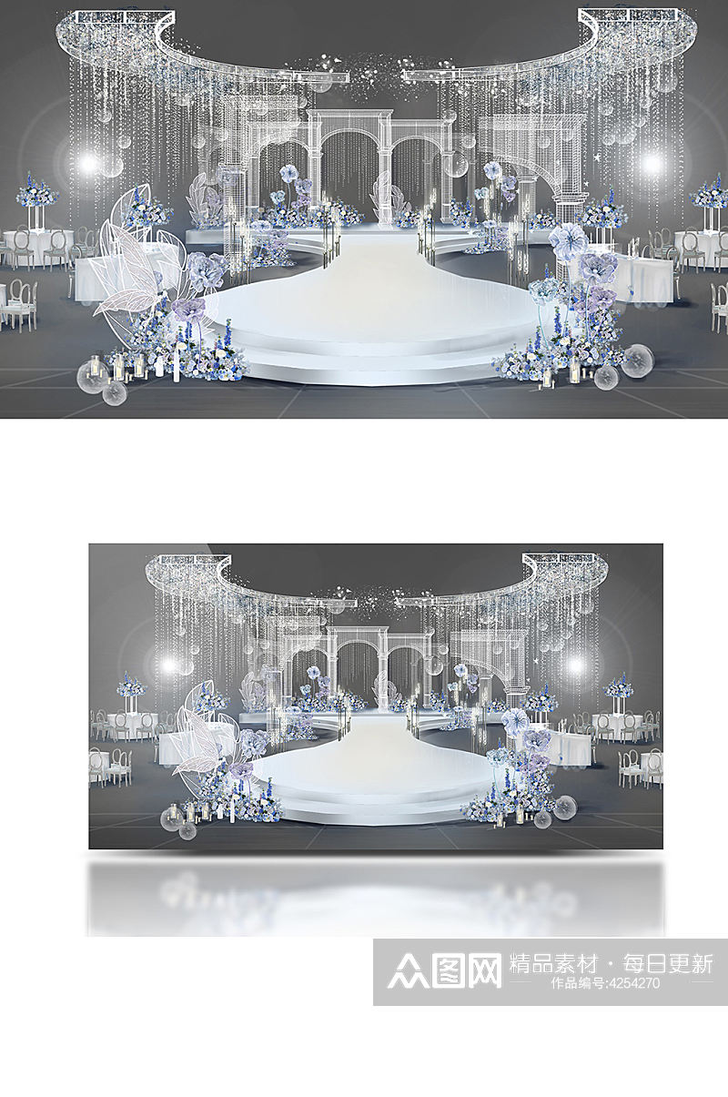 简洁时尚大气婚礼效果图梦幻蓝白色圆形舞台素材