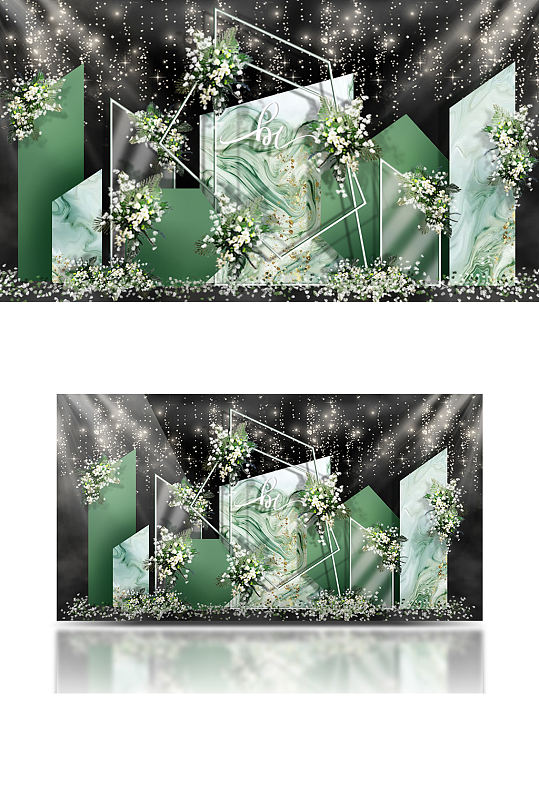 绿色几何婚礼效果图高端花束背景板合影区-众图网