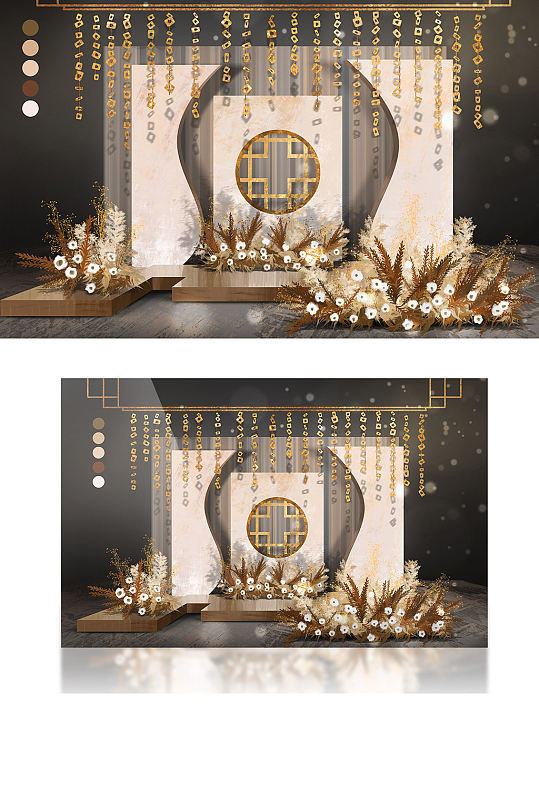 新中式香槟色金色窗格合影区手绘婚礼效果图