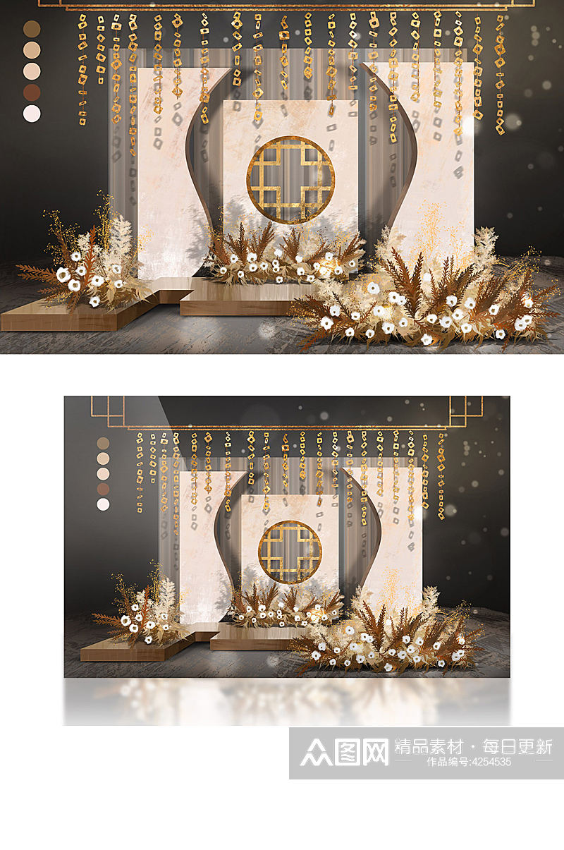 新中式香槟色金色窗格合影区手绘婚礼效果图素材