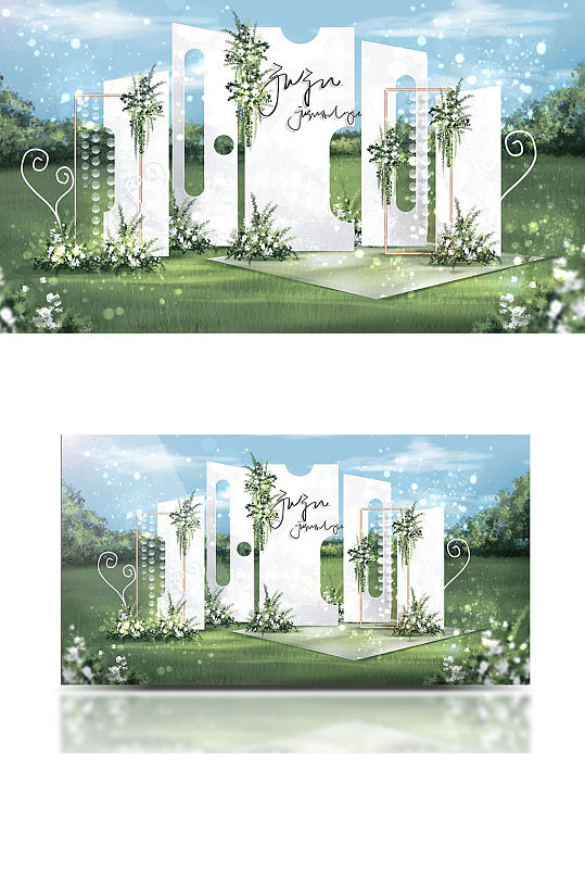 小清新白绿户外婚礼效果图草坪浪漫简约-众图网