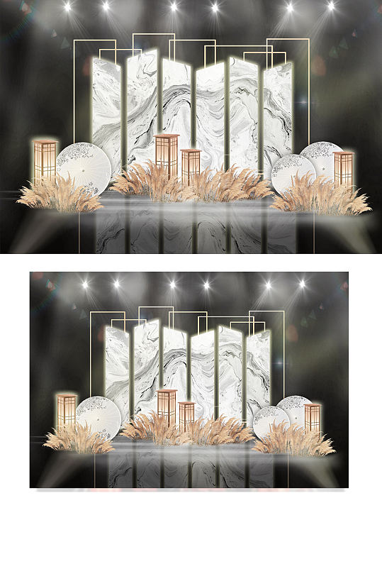 古典江南水墨造型屏风背景板木灯婚礼效果图