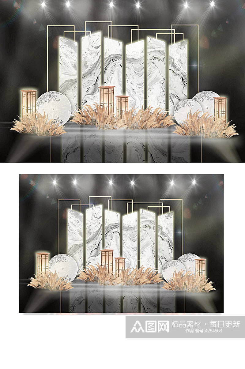 古典江南水墨造型屏风背景板木灯婚礼效果图素材