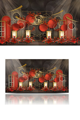 红色中式婚礼效果图中国风合影区浪漫大气