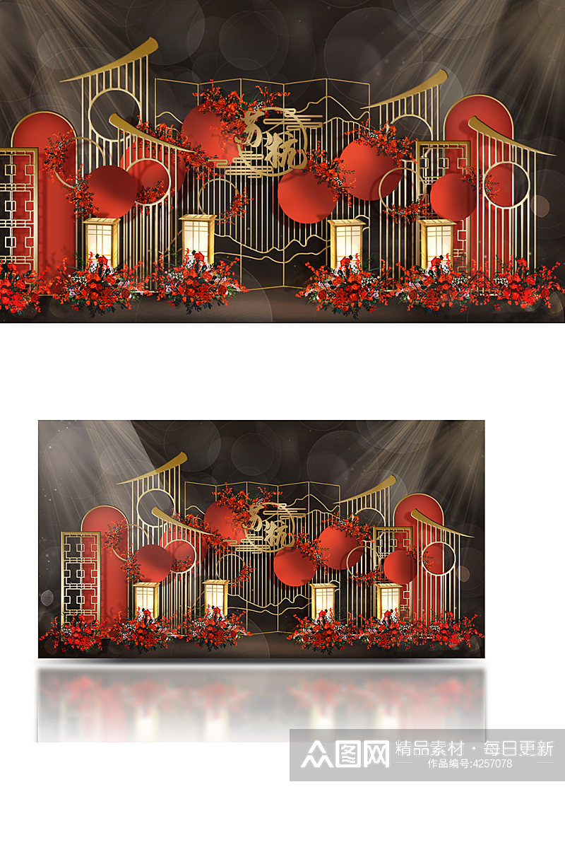 红色中式婚礼效果图中国风合影区浪漫大气素材