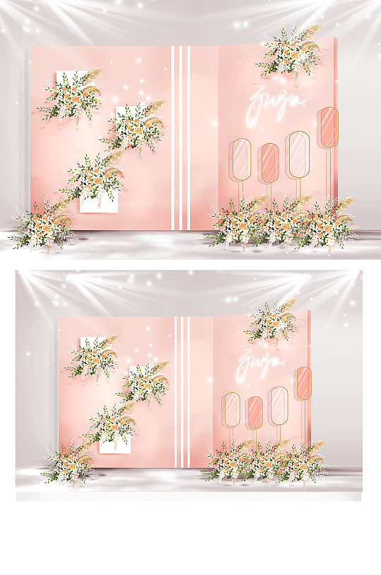原创小清新粉色香槟色婚礼合影区效果图浪漫-众图网
