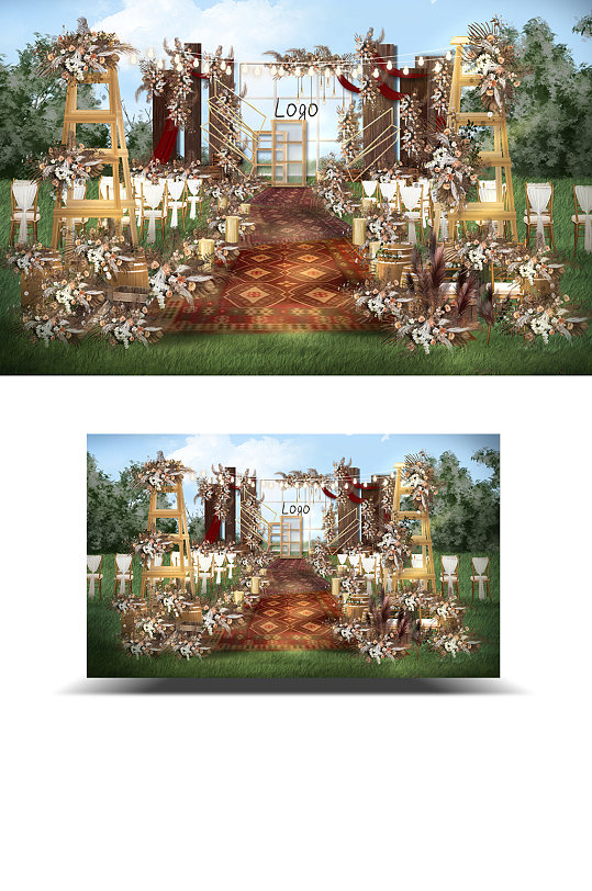 草坪枫叶焦糖色复古木板户外婚礼效果图-众图网