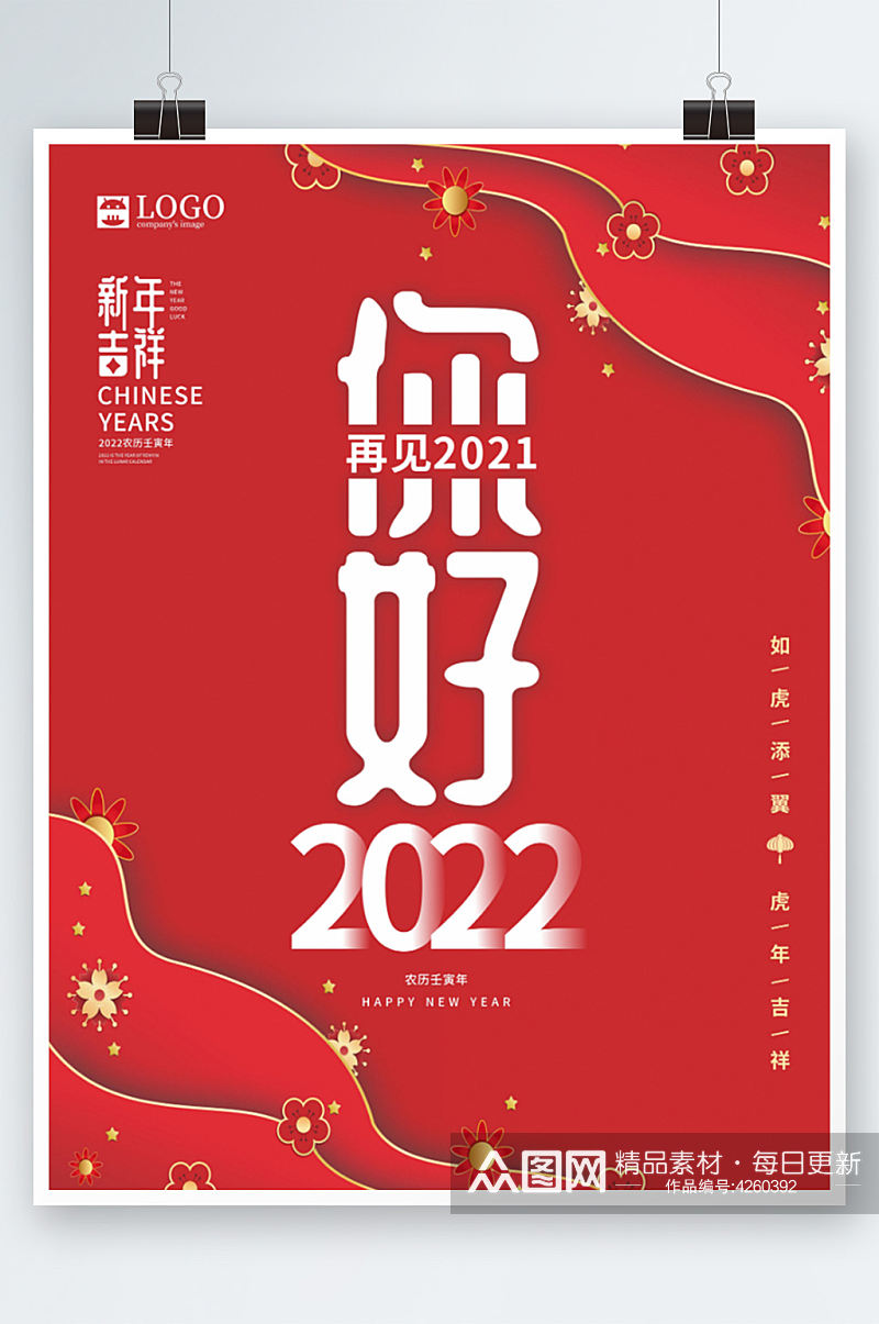 你好2022红色喜庆新年海报简约创意字体素材