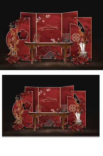 红色中式婚礼签到大气浪漫唯美背景板合影