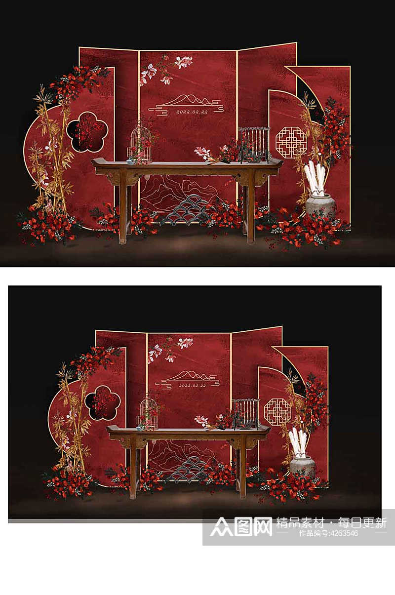 红色中式婚礼签到大气浪漫唯美背景板合影素材