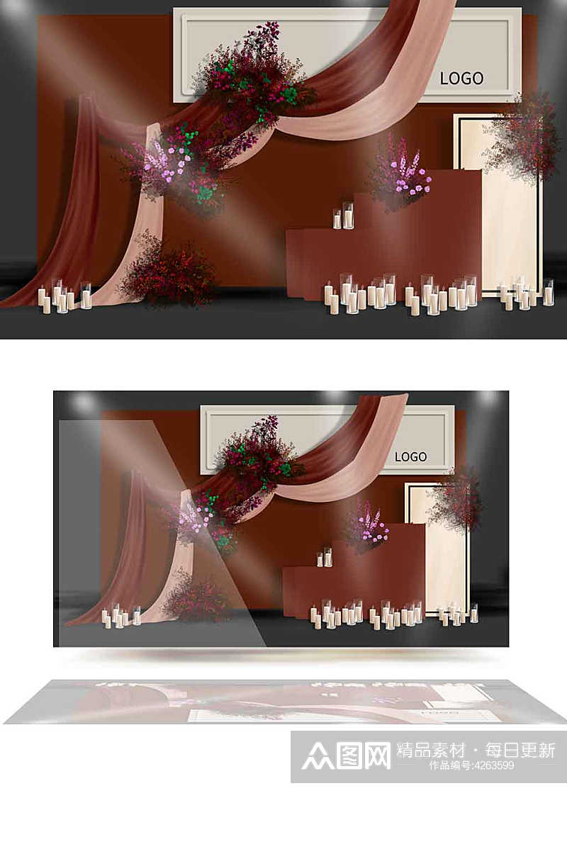 小众婚礼设计红色系复古东洋风效果图背景板素材