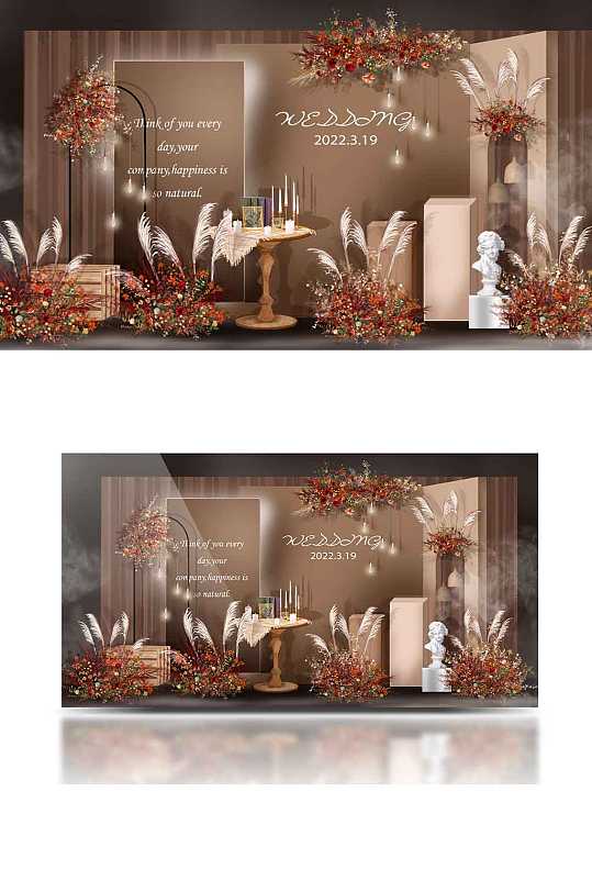 原创红咖色婚礼迎宾区合影背景板浪漫复古-众图网