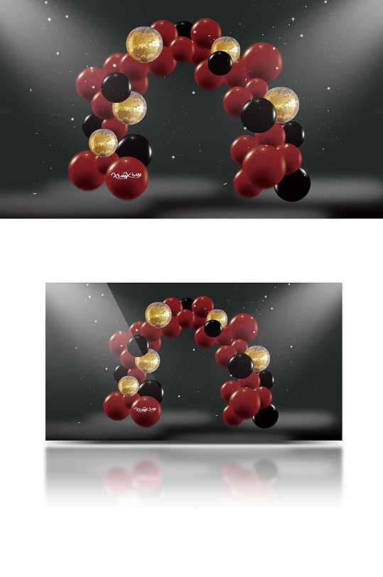 原创手绘红色气球黑金浪漫拱门合影迎宾婚礼-众图网