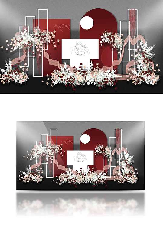 红色婚礼手绘效果图浪漫梦幻合影迎宾背景板-众图网