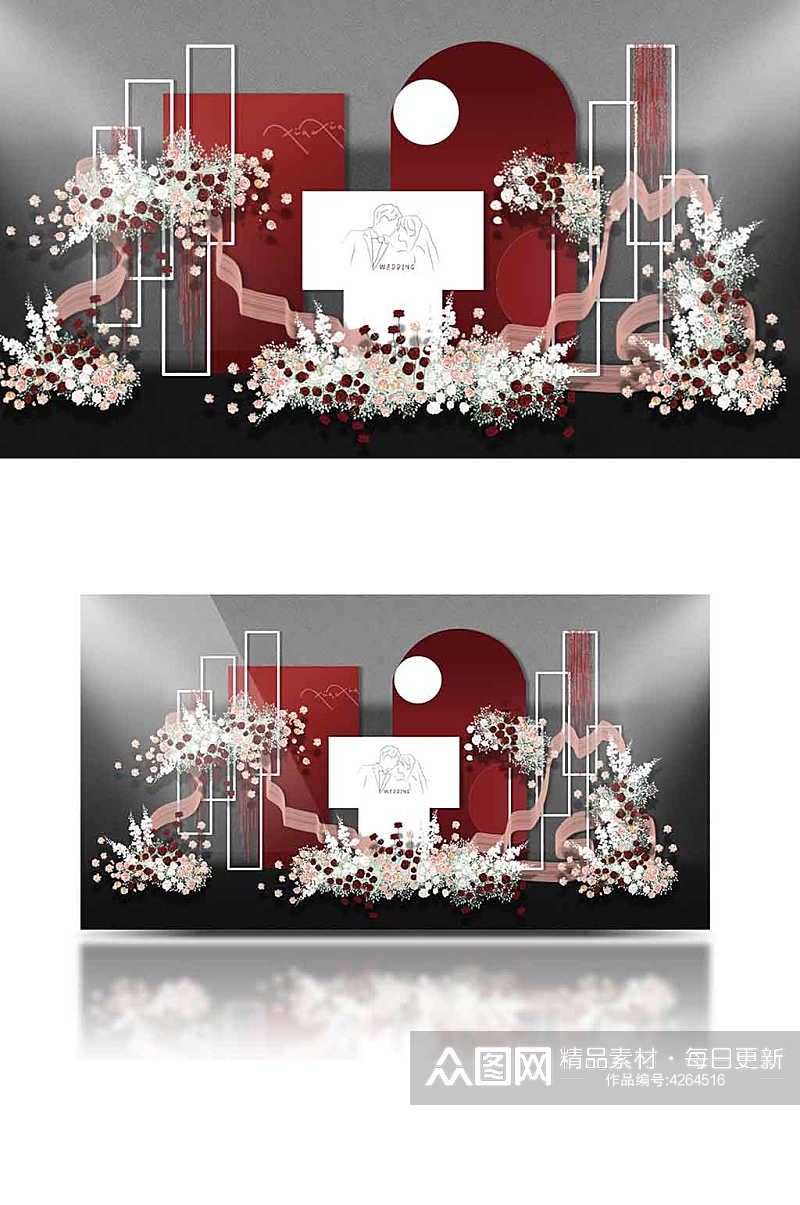 红色婚礼手绘效果图浪漫梦幻合影迎宾背景板素材