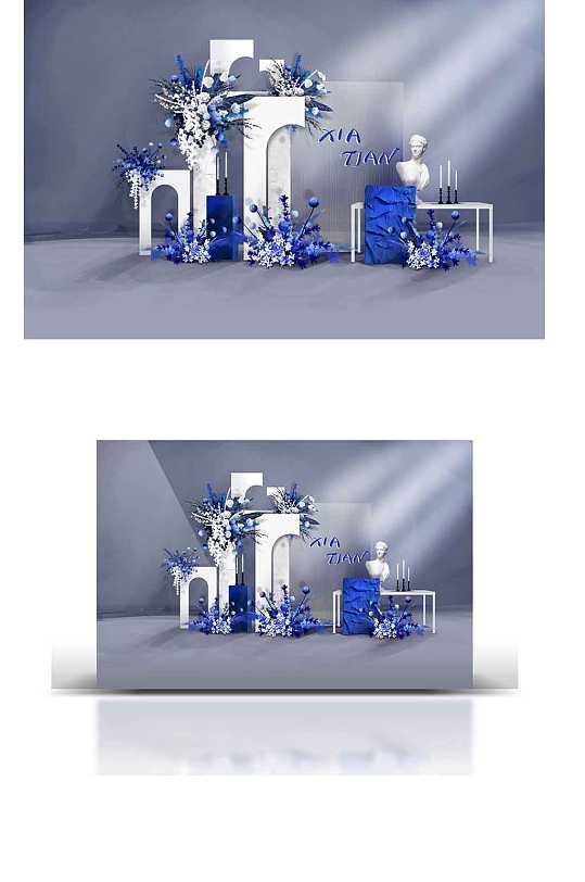 克莱因蓝迎宾背景白蓝花艺婚礼效果图素材-众图网