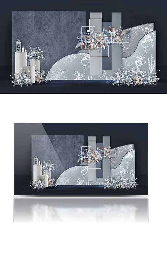 雾霾蓝婚礼效果图清新浪漫迎宾合影区背景板-众图网