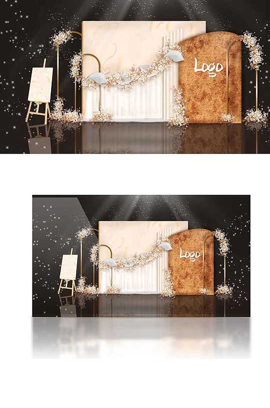 香槟色层次婚礼展示区金色合影区背景板-众图网