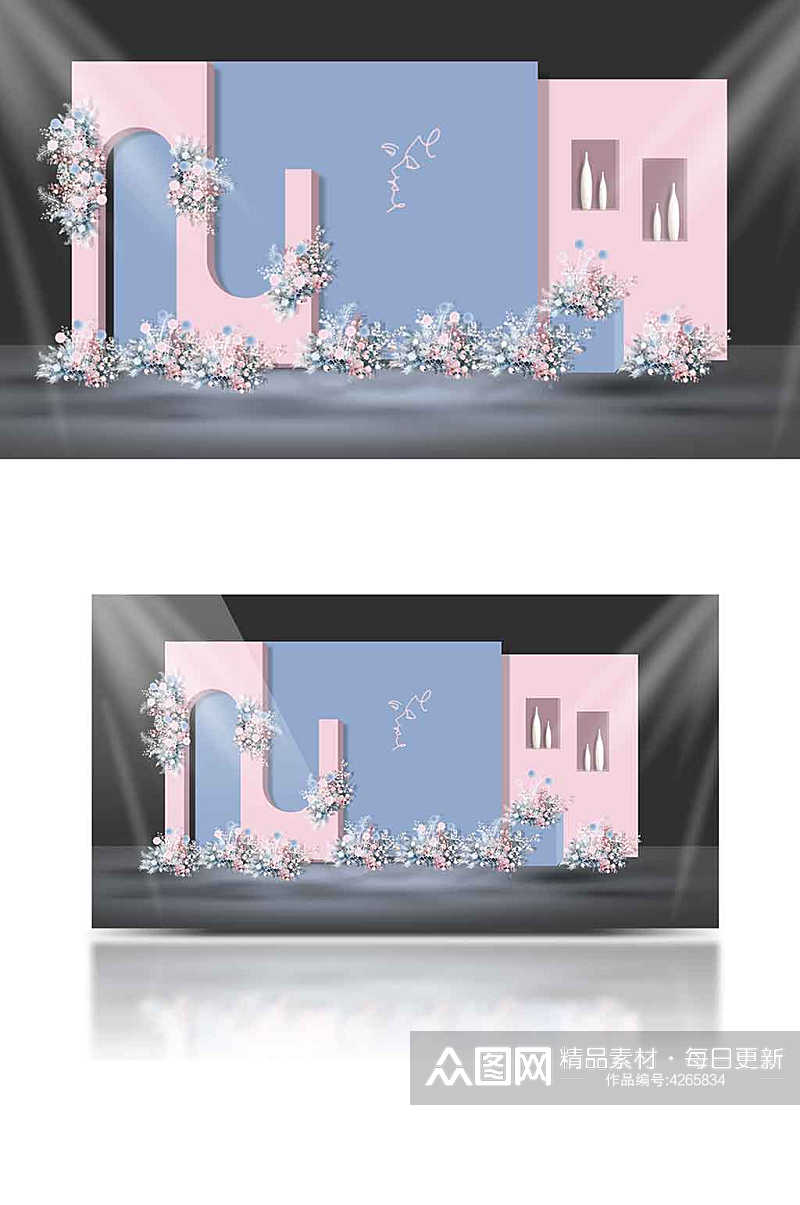 蓝粉色婚礼迎宾区合影区背景板浪漫清新素材