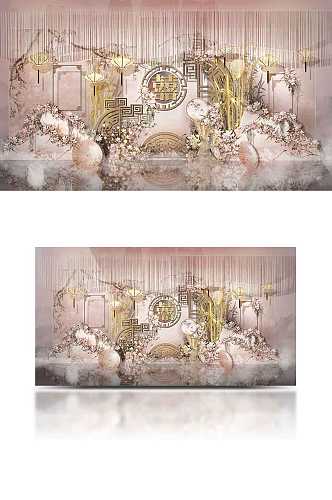 婚礼效果图粉色新中式婚礼舞台合影背景板