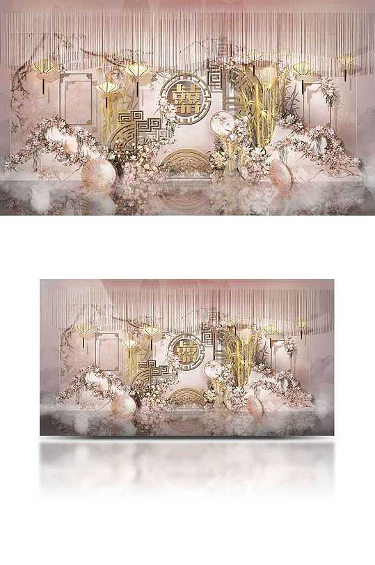 婚礼效果图粉色新中式婚礼舞台合影背景板-众图网