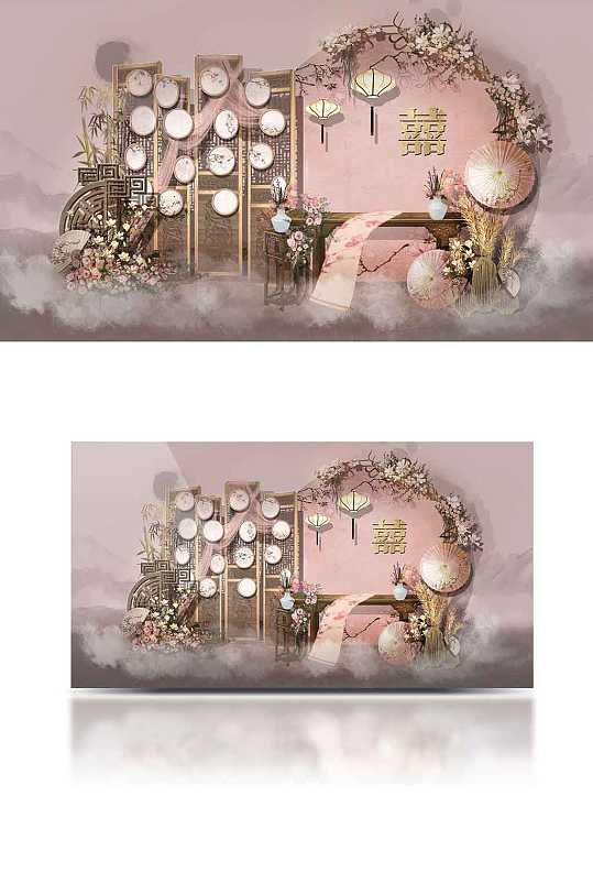 婚礼效果图新中式甜品台粉色清新浪漫-众图网