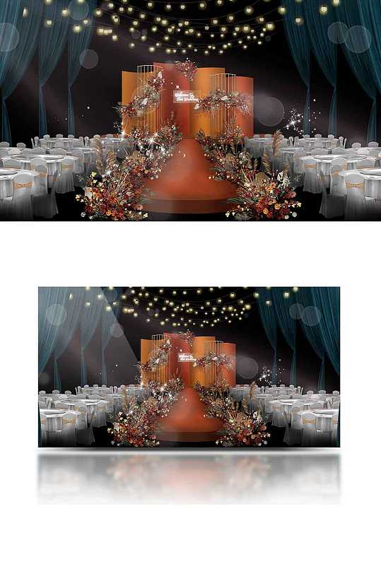 婚礼效果图复古婚礼橙色灯串舞台浪漫-众图网