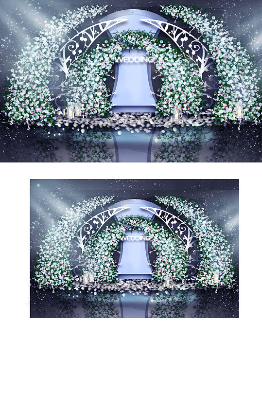 蓝色婚礼合影区效果图温馨浪漫背景拱门-众图网