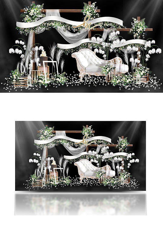 森系小清新婚礼留影区效果图唯美白绿-众图网