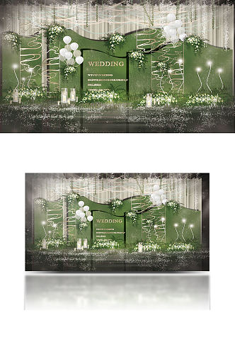 绿色简约森系婚礼工装效果图合影区背景板