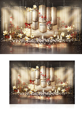新中式婚礼合影区效果图轻奢香槟色背景板