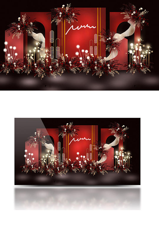 红色婚礼迎宾区简约红色背景合影区温馨-众图网