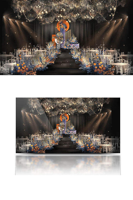 小众撞色婚礼效果图橙蓝舞台浪漫创意-众图网