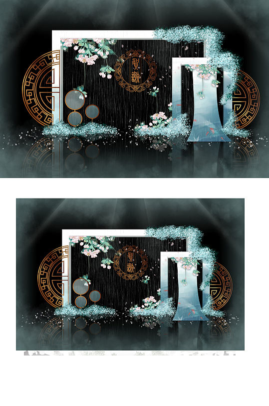 古典水墨江南新中式婚礼迎宾区效果图合影-众图网