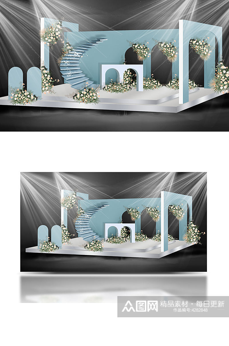 蓝色婚礼效果图设计青色合影迎宾背景素材