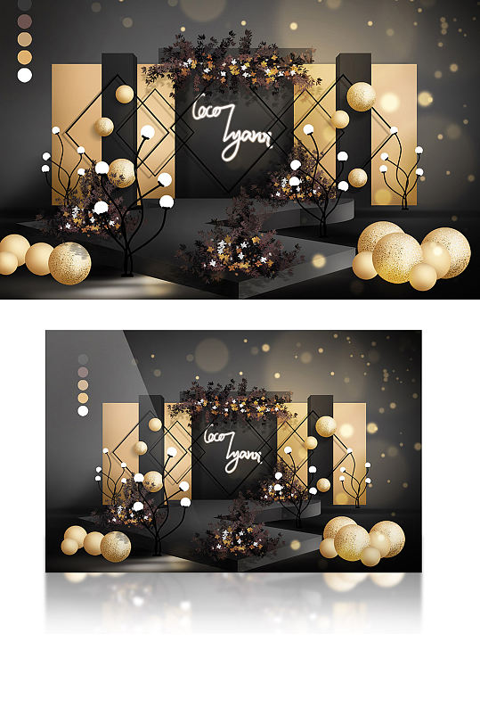 时尚香槟金色黑金风婚礼效果图生日宴气球-众图网