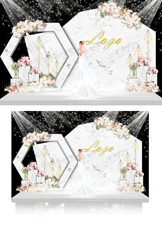 大理石几何室内婚礼效果图白金色背景板合影-众图网