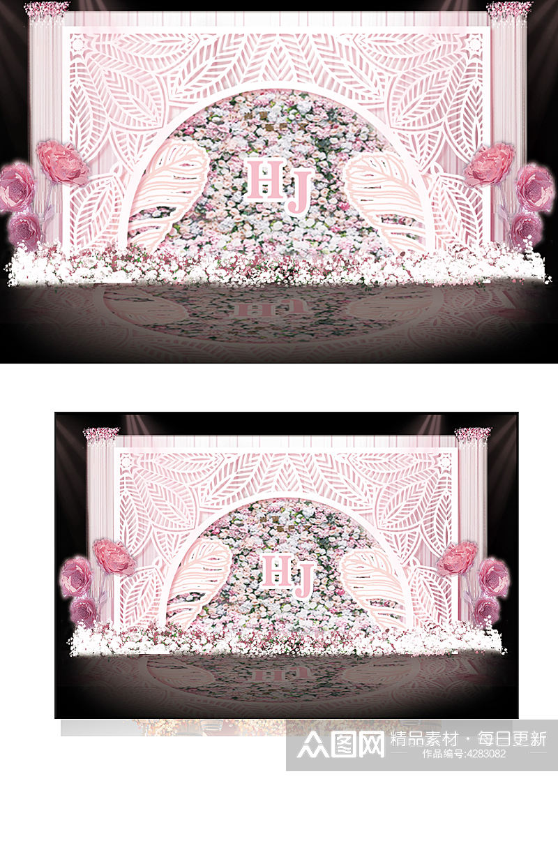 粉色蕾丝花墙婚礼背景清新合影迎宾素材