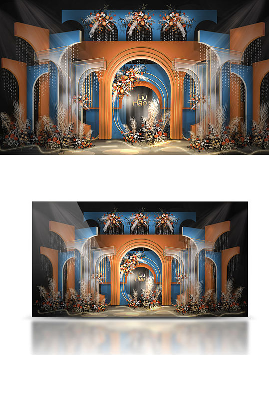 橙蓝撞色婚礼留影区效果图背景板浪漫-众图网