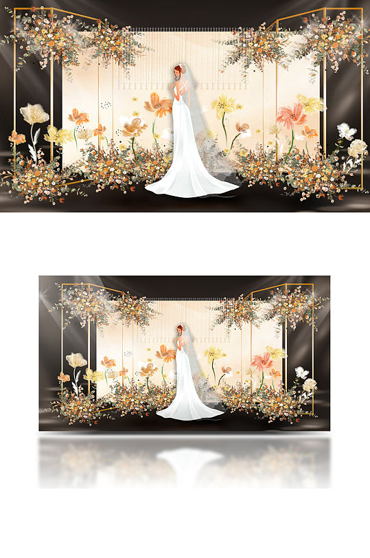 原创橙色婚礼迎宾效果图香槟色合影背景板-众图网