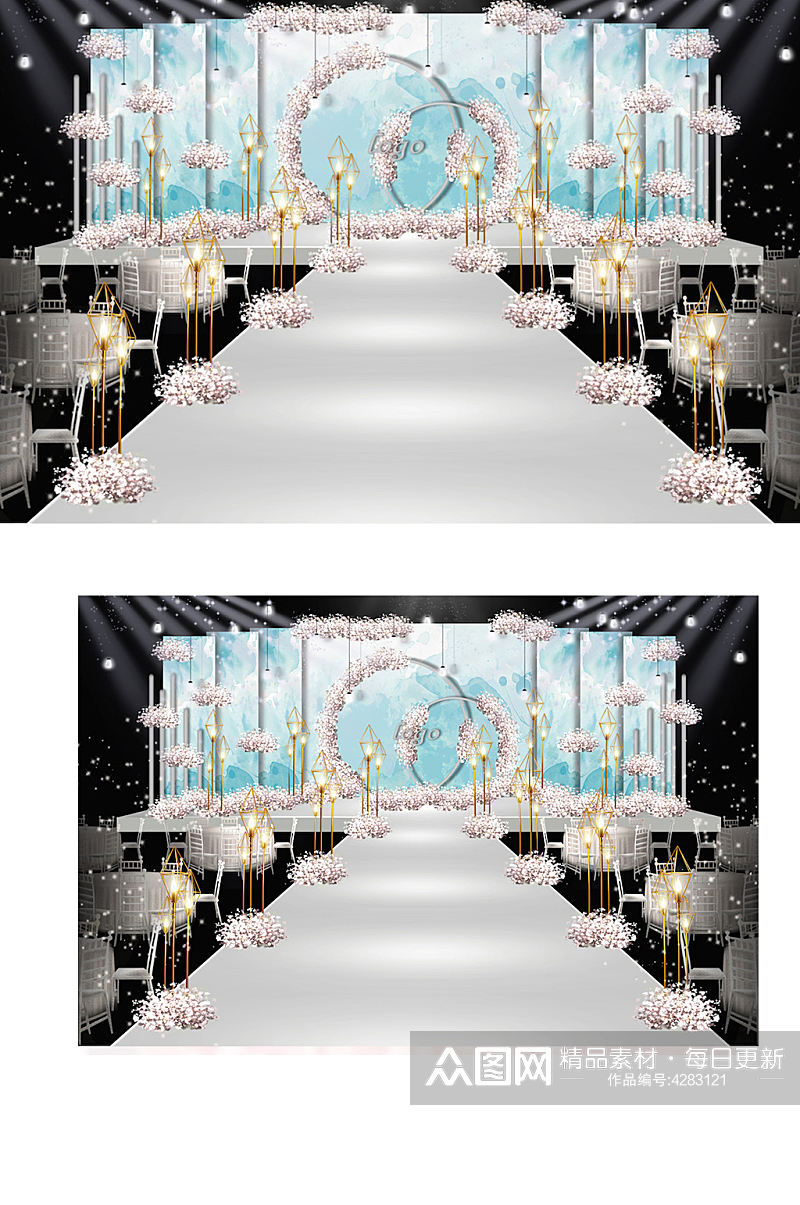 蓝白色系水彩纹理婚礼舞台效果图梦幻素材