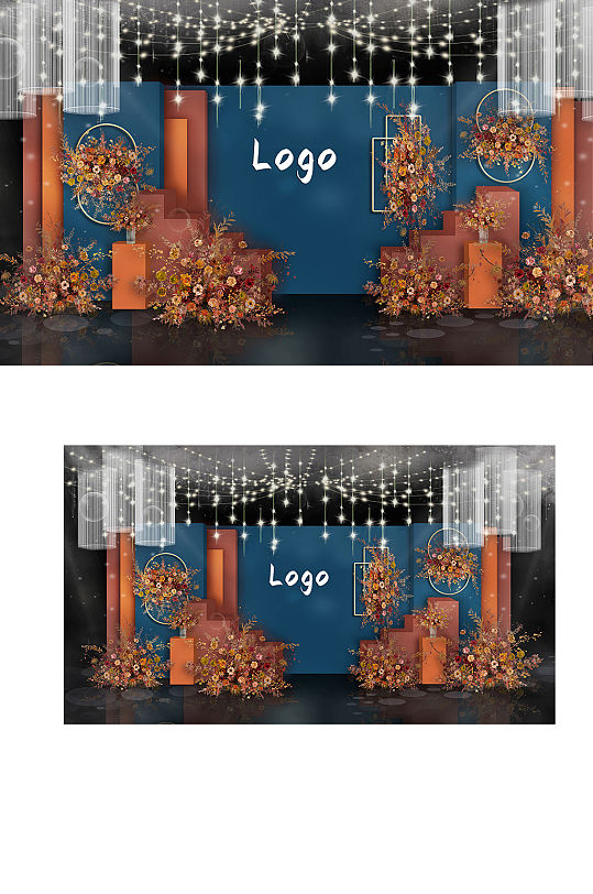 蓝桔色简约婚礼效果图撞色合影迎宾背景板-众图网