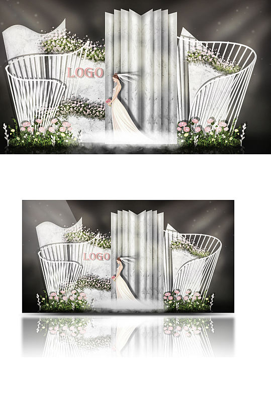 大理石铁艺栅栏婚礼效果图合影背景板-众图网